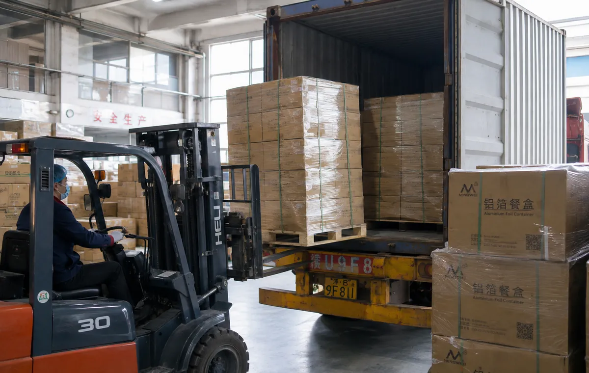 Packed aluminum foil products being loaded for order delivery