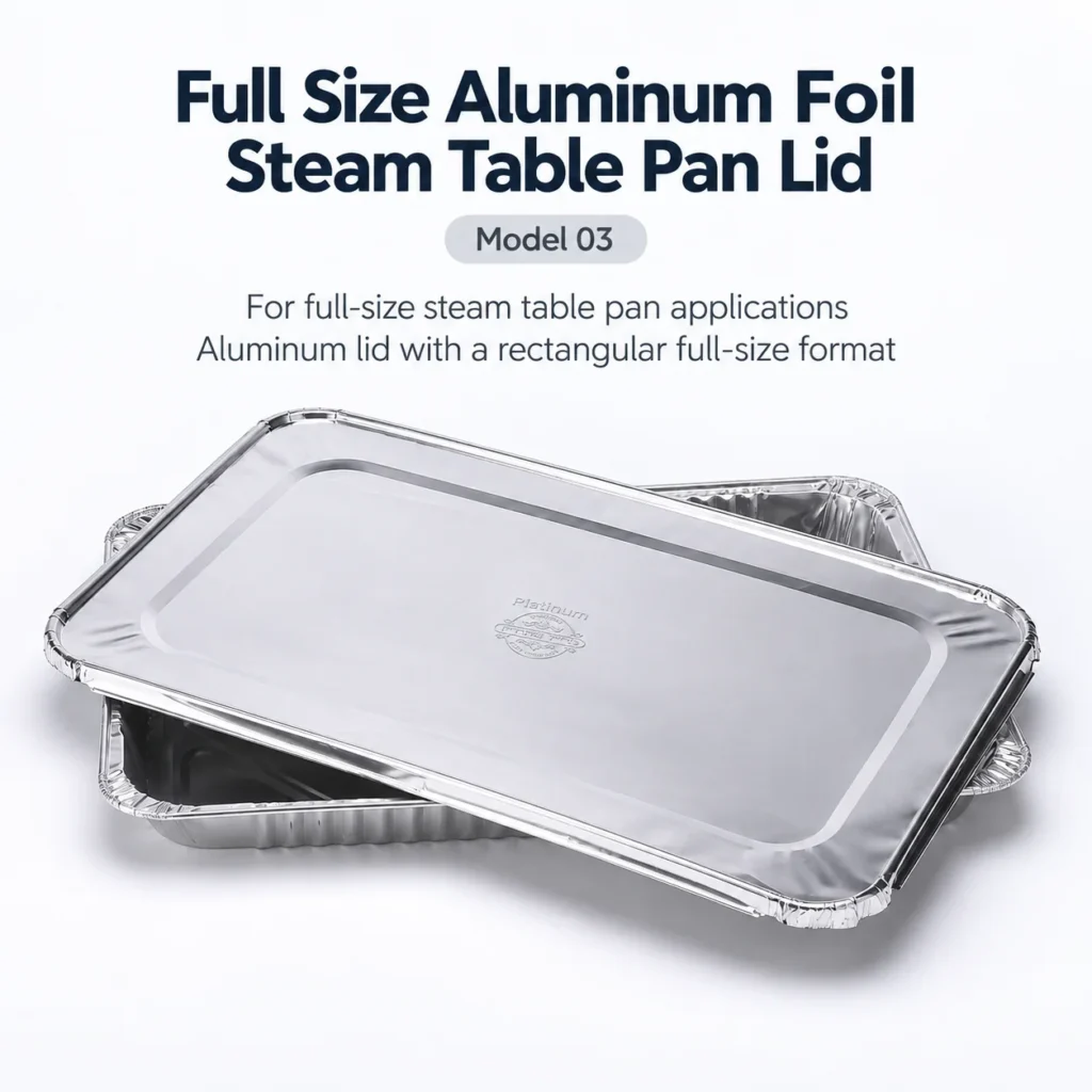 Model 03 full size aluminum foil steam table pan lid shown with a full size steam table pan