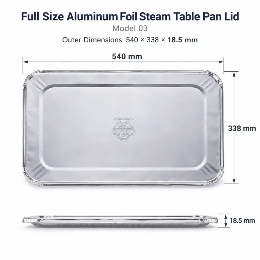 Full Size Aluminum Foil Steam Table Pan Lid Model 03 with 540 × 338 × 18.5 mm outer dimensions