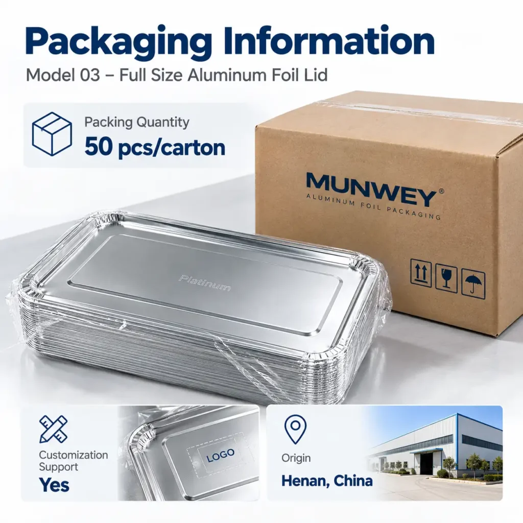 Model 03 aluminum foil lid packaging information showing 50 pcs per carton
