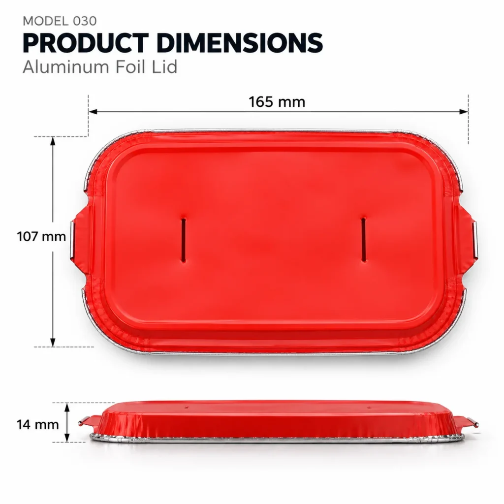 Model 030 aluminum foil lid dimensions showing 165 × 107 × 14 mm