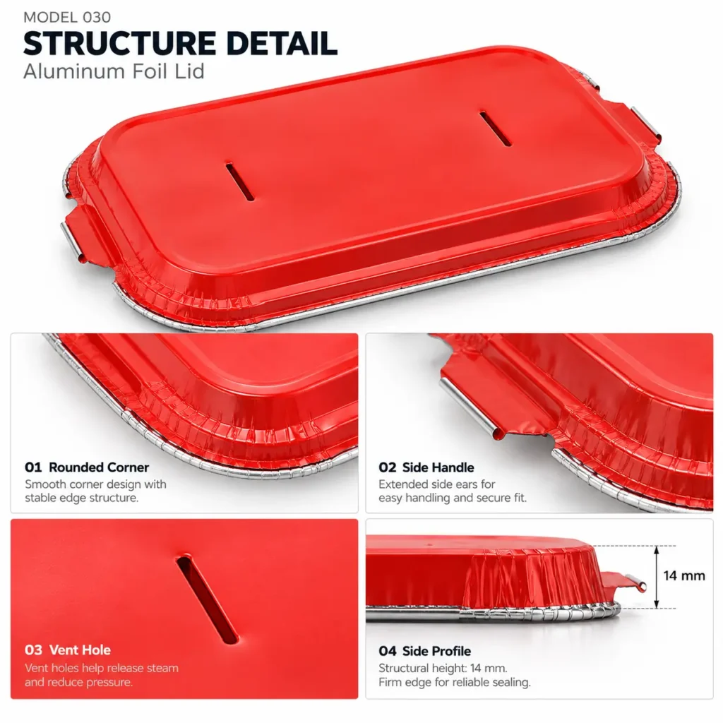 Model 030 aluminum foil lid structure details showing vent slots, side tabs, crimped rim and edge profile