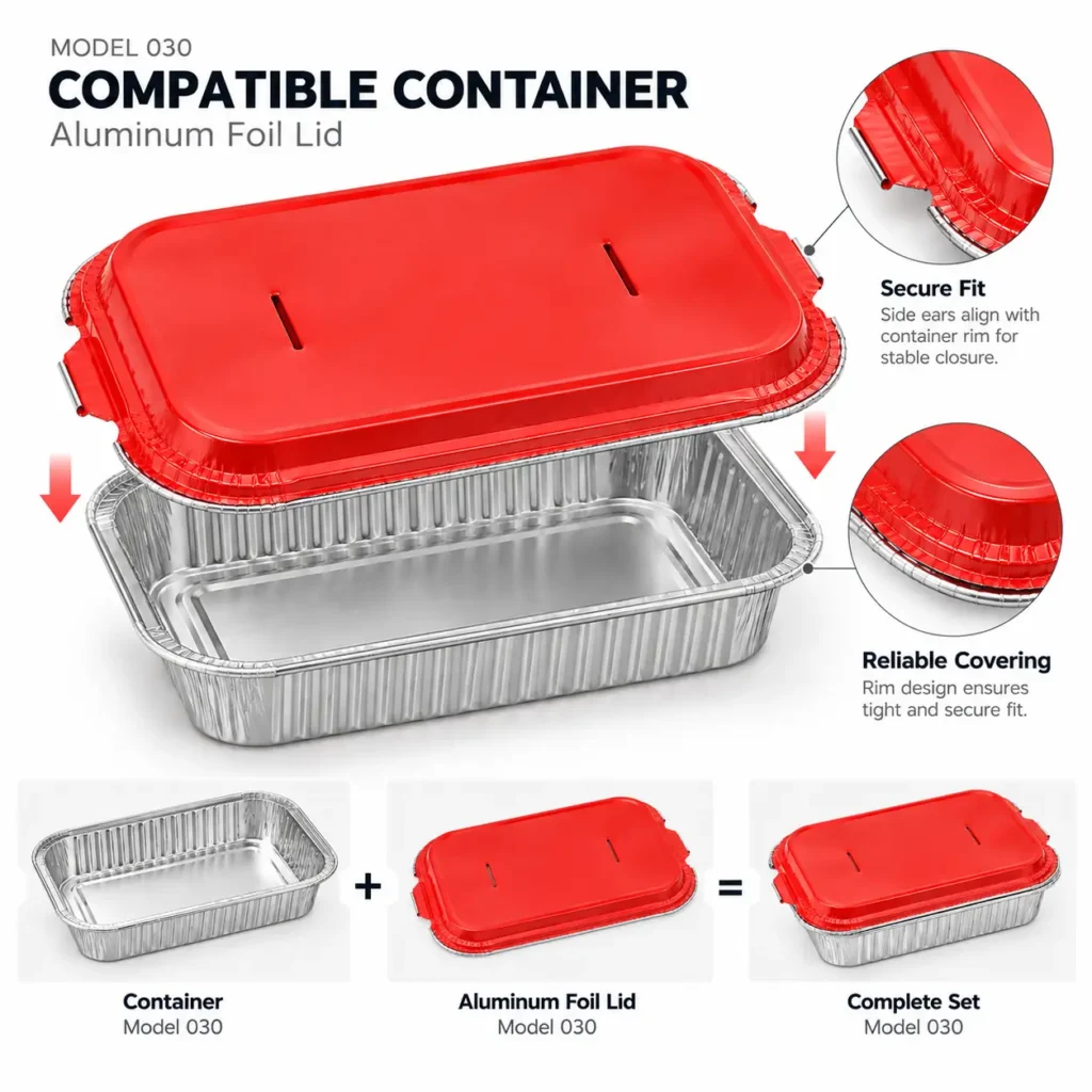 Model 030 aluminum foil lid compatibility infographic with rectangular aluminum foil container and rim detail