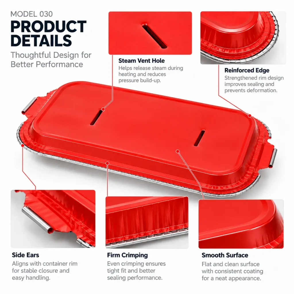 Model 030 aluminum foil lid detail infographic showing vent slots, rim, side tabs and red surface