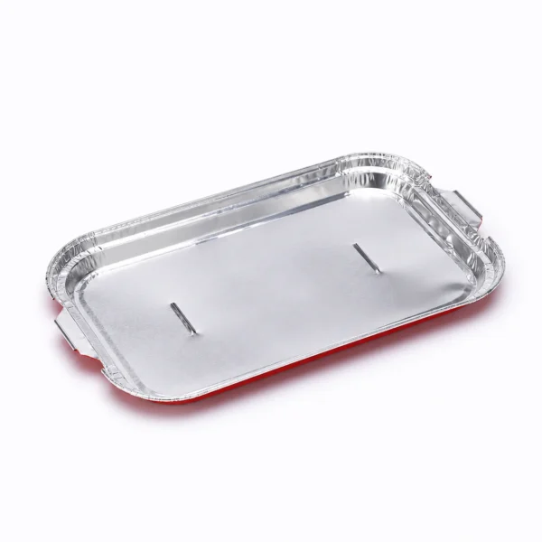 Underside view of Model 030 airline aluminum foil food container lid with silver aluminum surface and rim