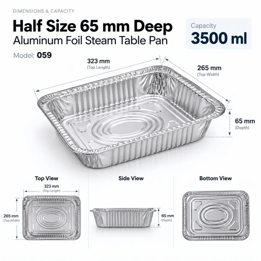 Dimensions and 3500 ml capacity of Model 059 half size aluminum foil steam table pan
