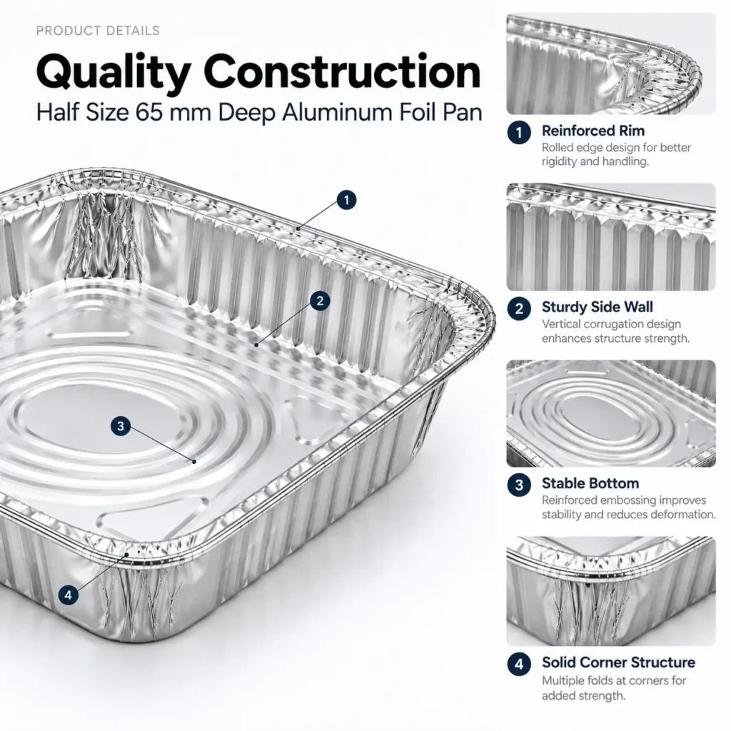 Structure detail of the rim, sidewall and embossed base of Model 059 aluminum foil steam table pan