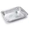 Three-quarter open view of a half size 65 mm deep aluminum foil steam table pan