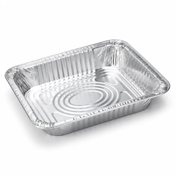 Three-quarter open view of a half size 65 mm deep aluminum foil steam table pan