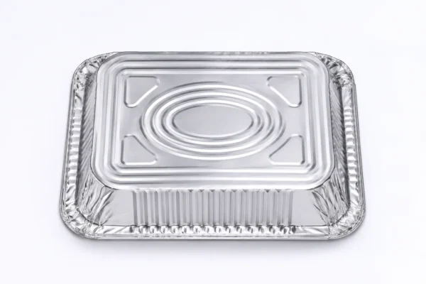 Underside view showing the base embossing of the half size aluminum foil steam table pan