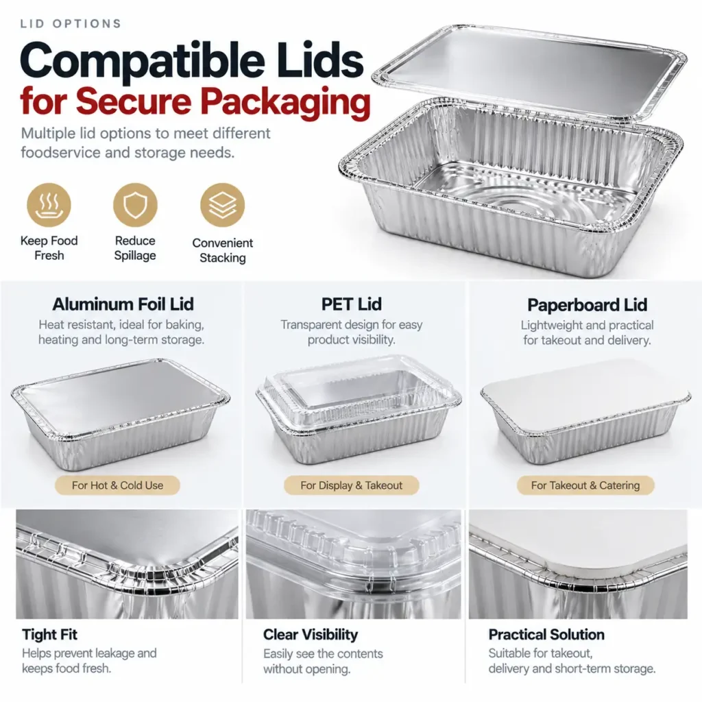 Half size medium aluminum foil steam table pan with optional Model 028 aluminum foil lid