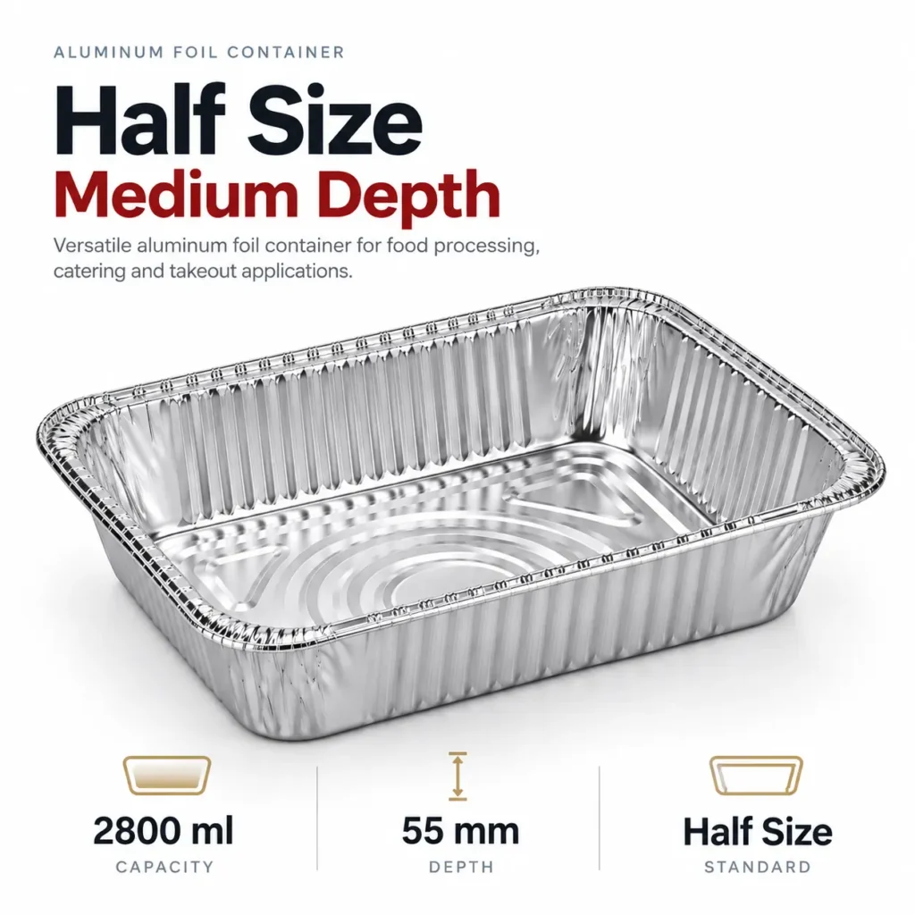 Half size medium aluminum foil steam table pan with 55 mm depth and 2800 ml capacity