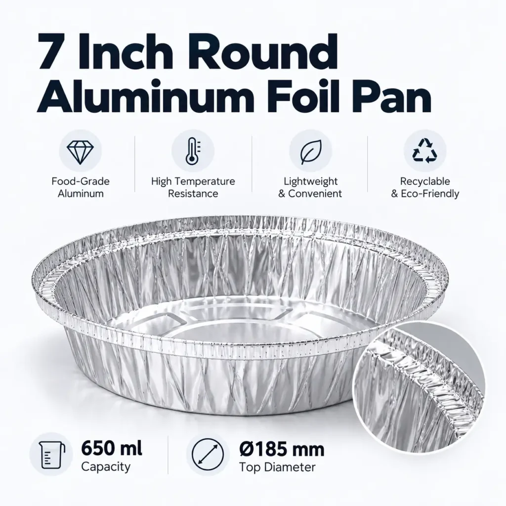 7 inch round aluminum foil pan product overview with 650 ml capacity and 185 mm top diameter