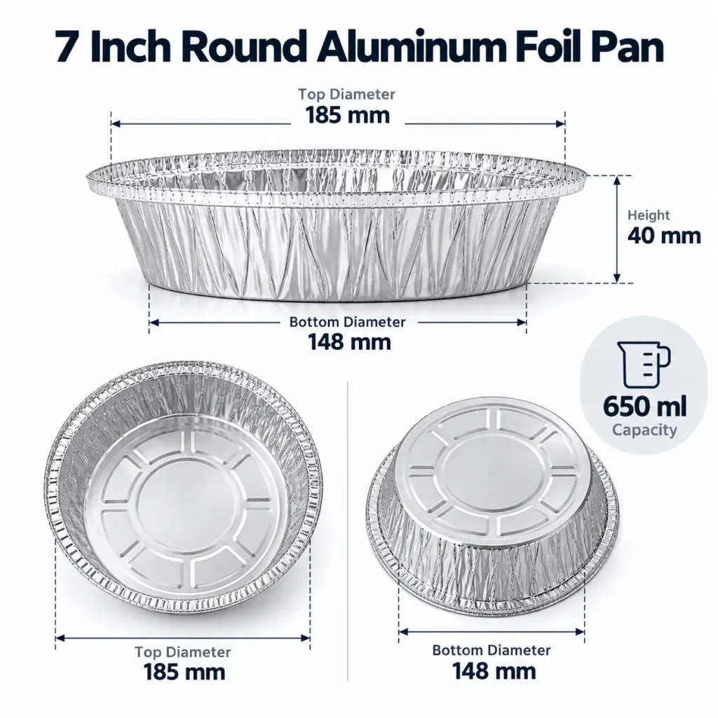 7 inch round aluminum foil pan dimensions showing 185 mm top diameter, 148 mm bottom diameter, 40 mm height and 650 ml capacity