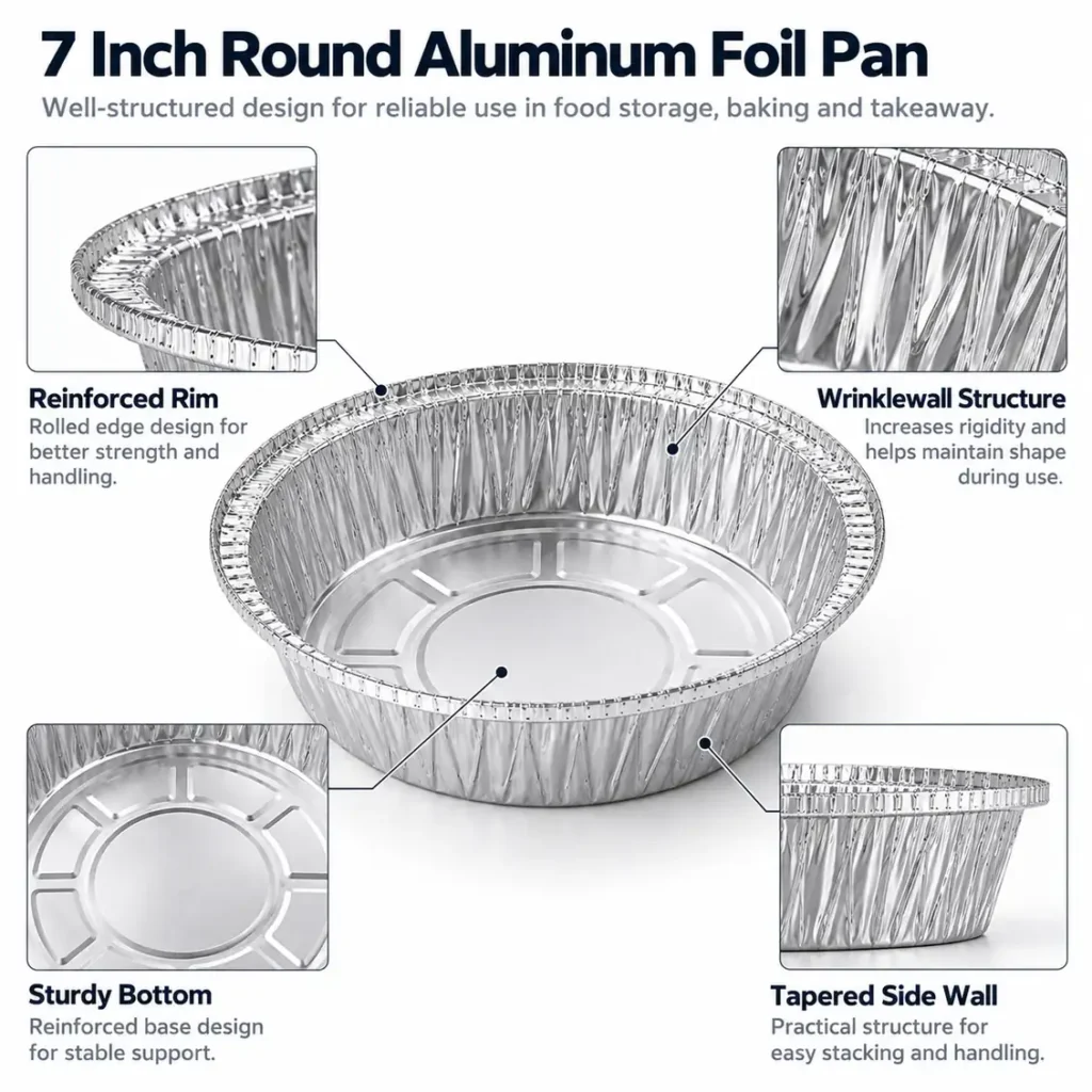 Structure details of 7 inch round aluminum foil pan showing rolled rim and wrinklewall sides
