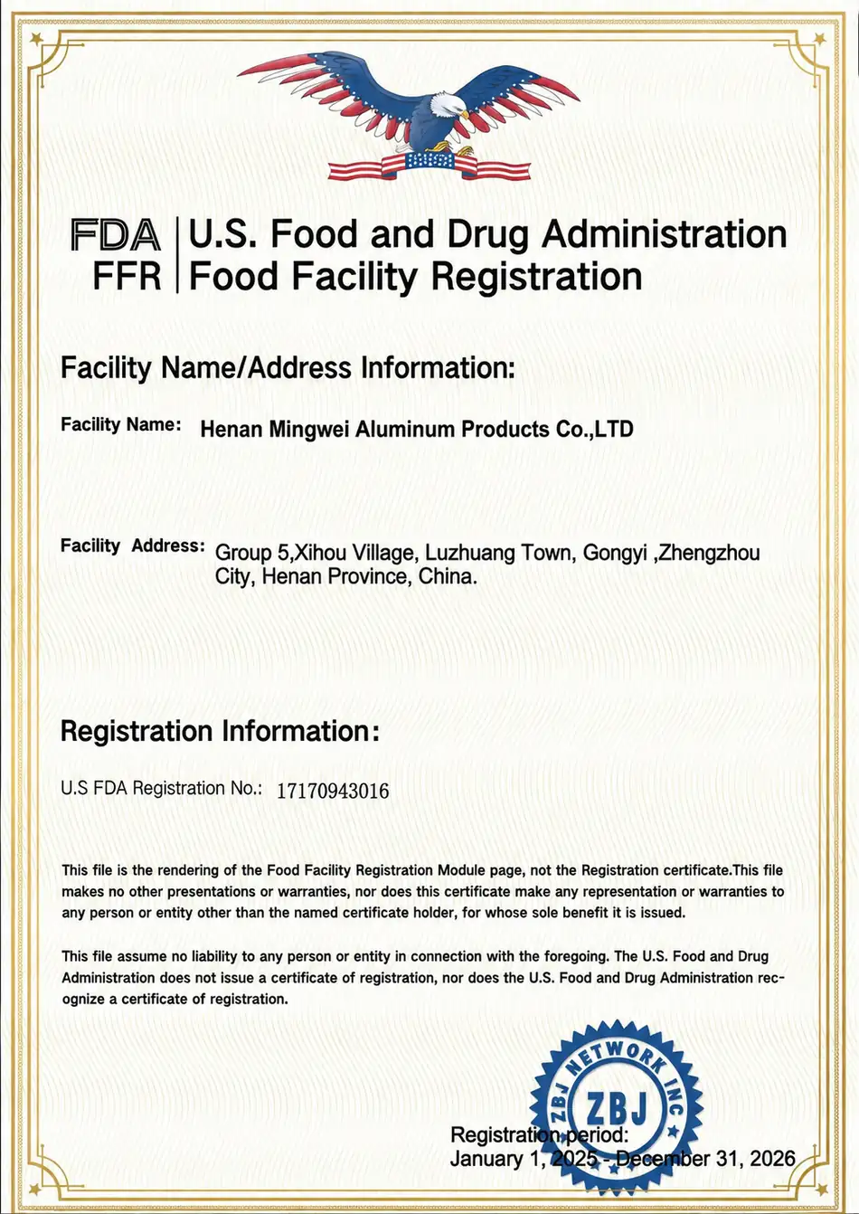 Henan Mingwei FDA Food Facility Registration document