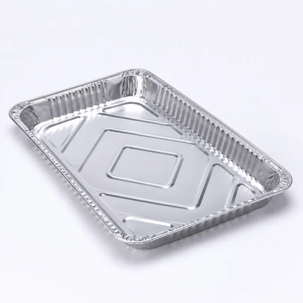 Full Size Shallow Steam Table Pan – Elevated Open View Elevated open view of MUNWEY full size shallow aluminum foil steam table pan showing the interior profile and embossed base.