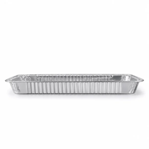 Full Size Shallow Steam Table Pan – Side Profile Side profile of MUNWEY shallow aluminum foil steam table pan showing the low-profile 44 mm depth and ribbed sidewall.