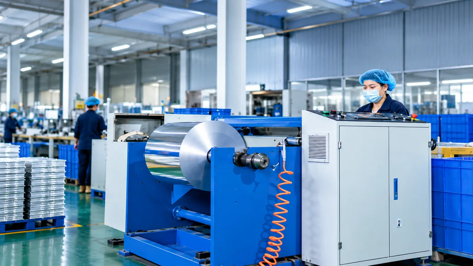 Production personnel working on aluminum foil container forming lines