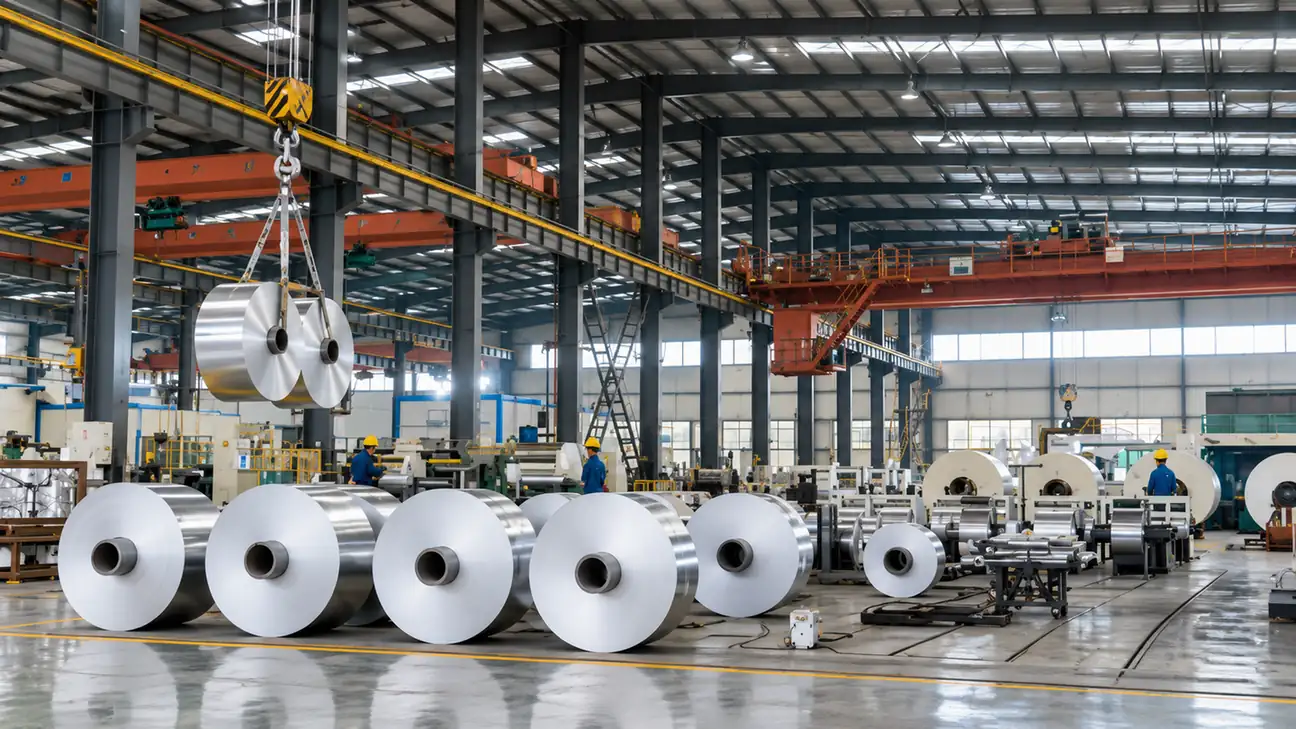 Production worker handling aluminum foil rolls beside rewinding equipment
