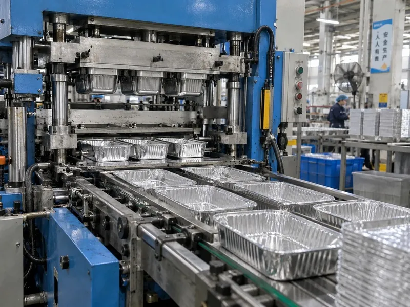 Aluminum foil containers being formed on an industrial production line