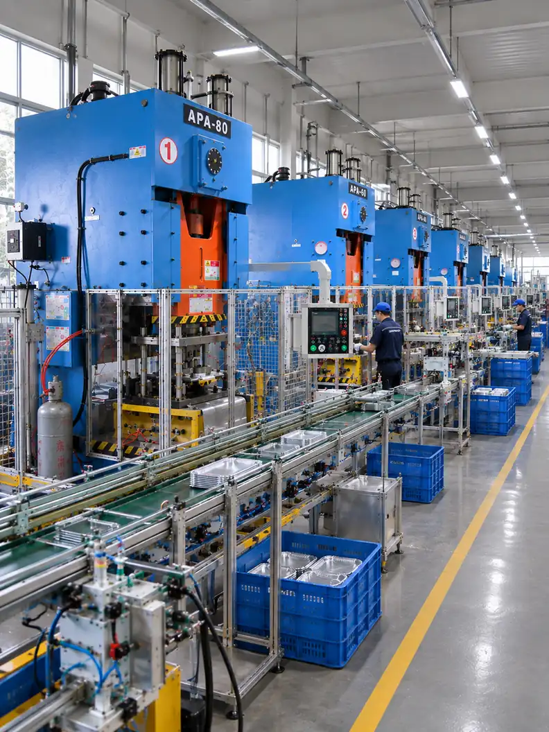 Aluminum foil container manufacturing line with forming presses and conveyors