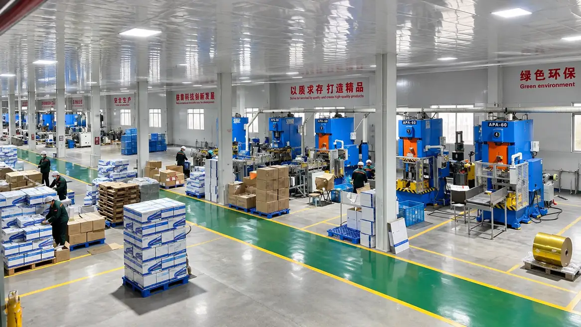 Production personnel working on aluminum foil container forming lines