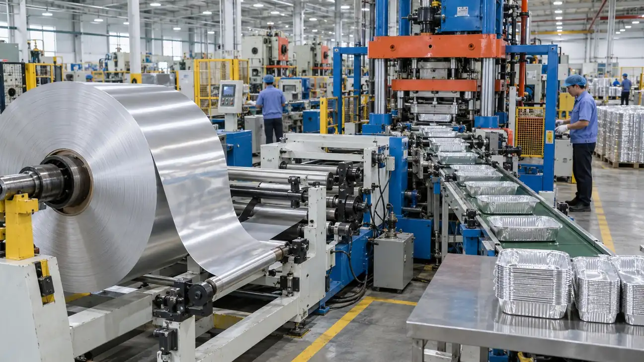 Aluminum foil coil feeding a container forming line in a packaging manufacturing facility