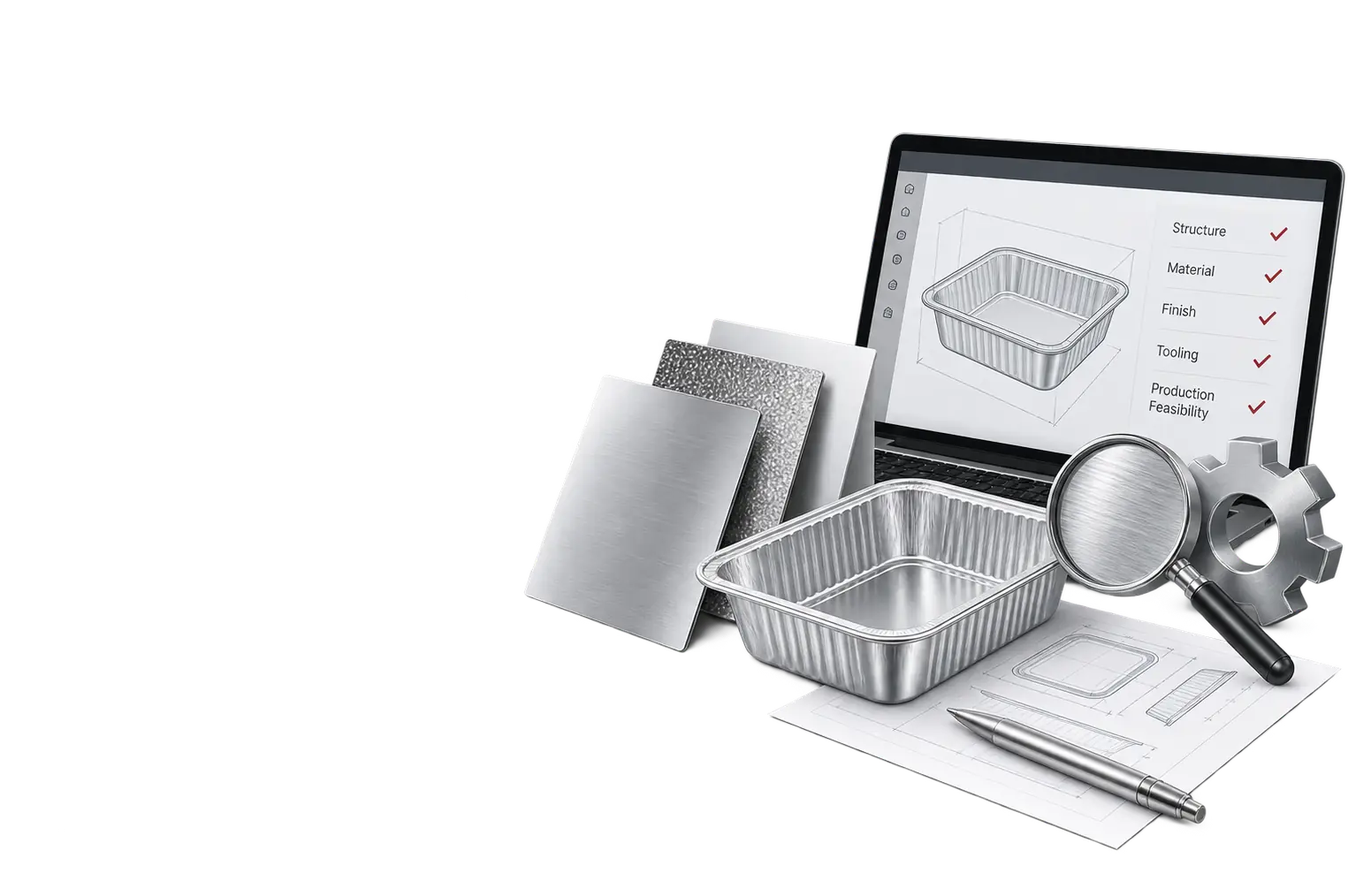 Aluminum foil packaging review and development for structure, material, finish, tooling and production feasibility