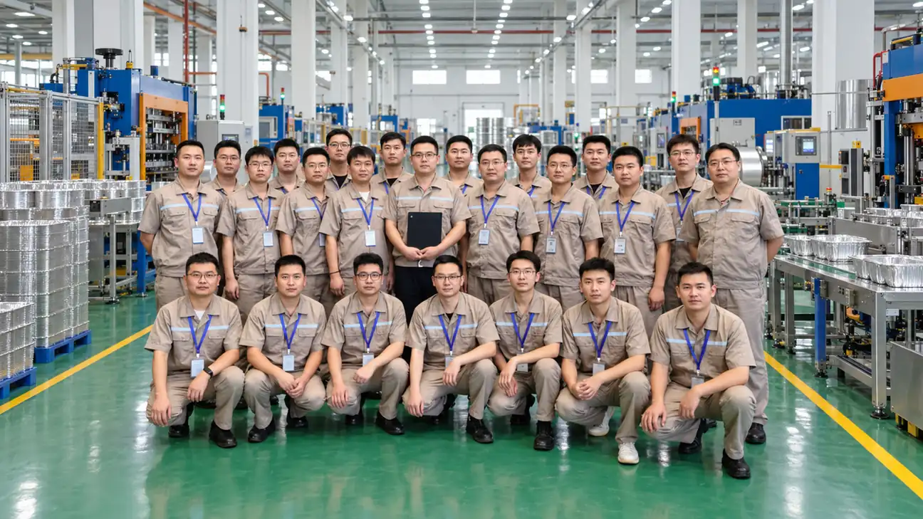 Production personnel working on aluminum foil container forming lines