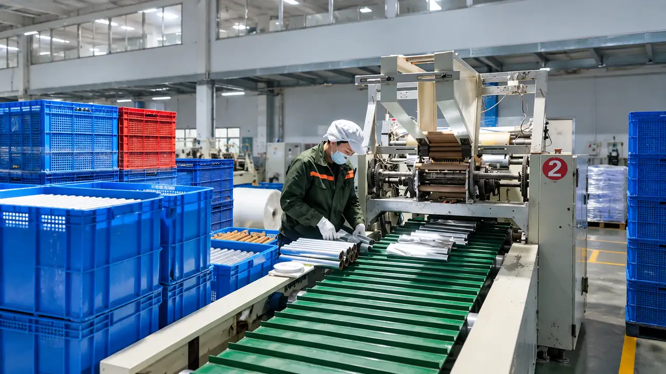 Production worker handling aluminum foil rolls beside rewinding equipment