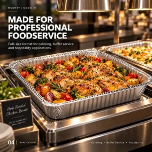 Full size aluminum foil steam table pan used in a professional catering and buffet service setting.