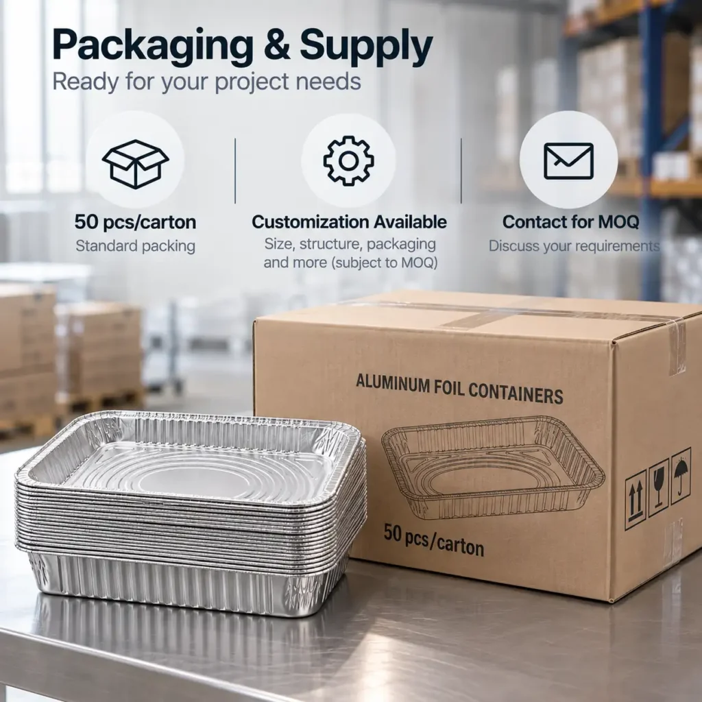Packaging presentation for the full size medium depth aluminum foil steam table pan with 50 pcs per carton and customization available.