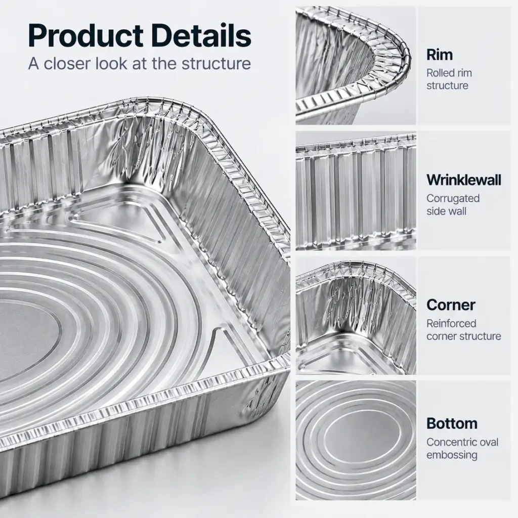 Close-up of the aluminum foil steam table pan showing the rolled rim, wrinklewall sides, formed corner and concentric oval embossed base.