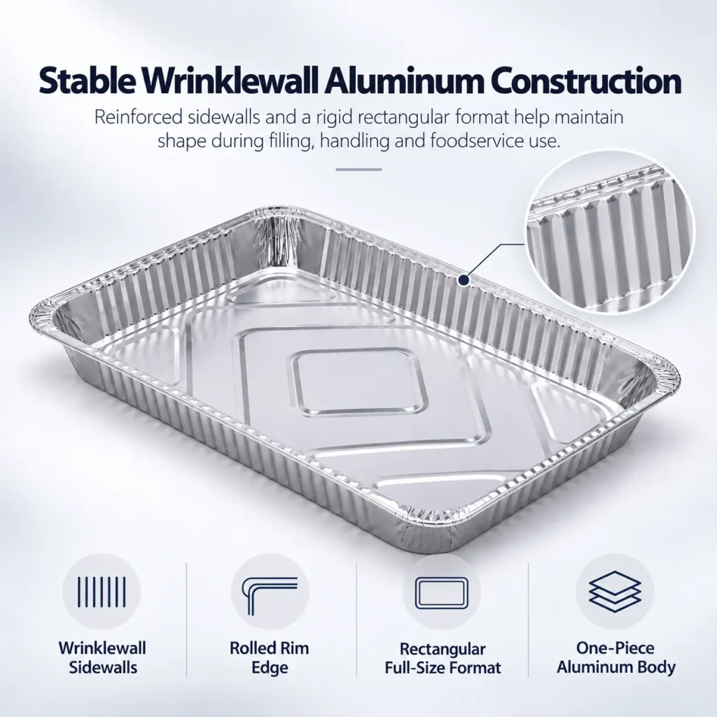 Close structural view of MUNWEY aluminum foil steam table pan showing wrinklewall sides, rolled rim and rectangular pan construction.
