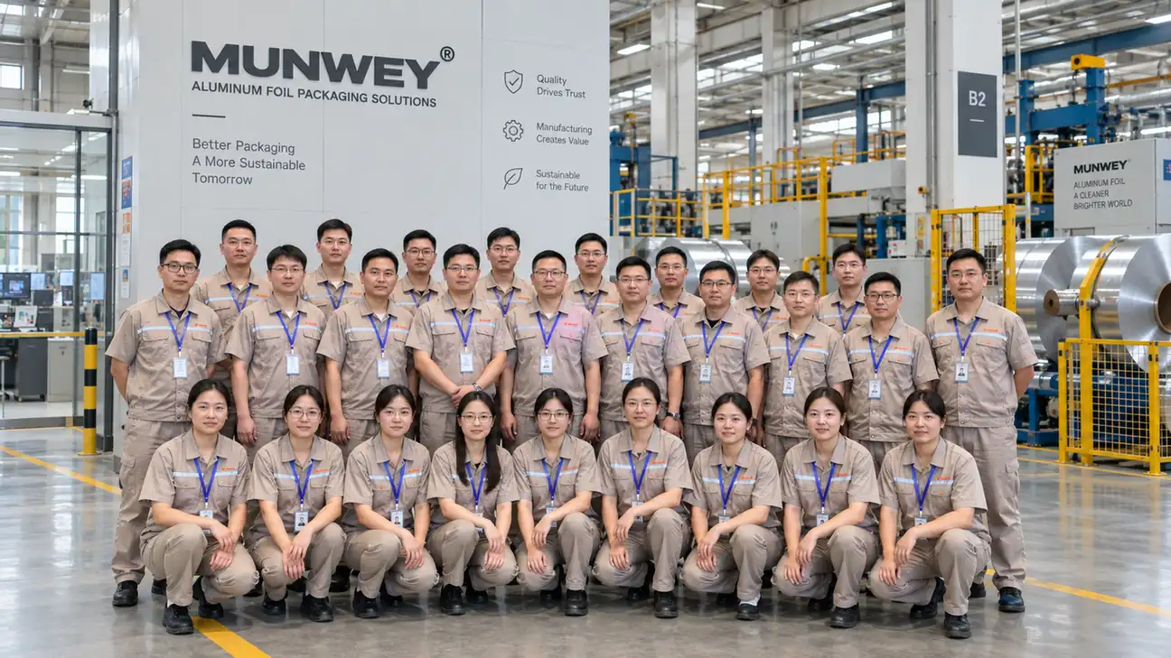 Production worker handling aluminum foil rolls beside rewinding equipment