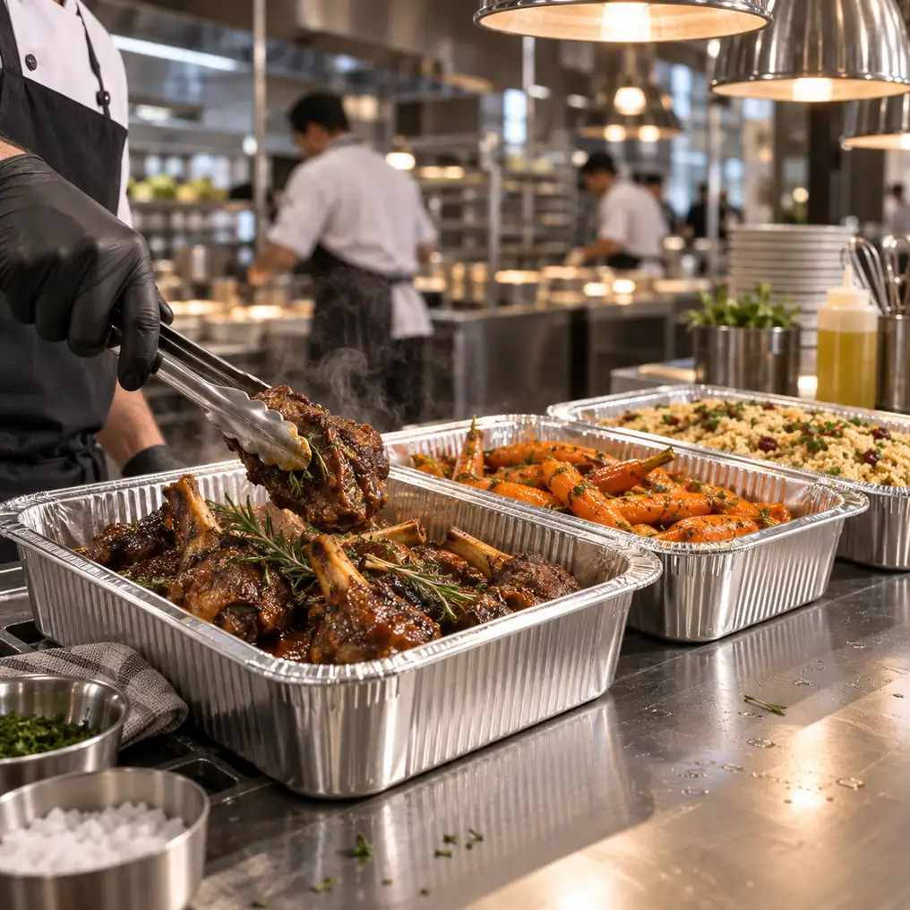 Aluminum foil steam table pans prepared for commercial catering service