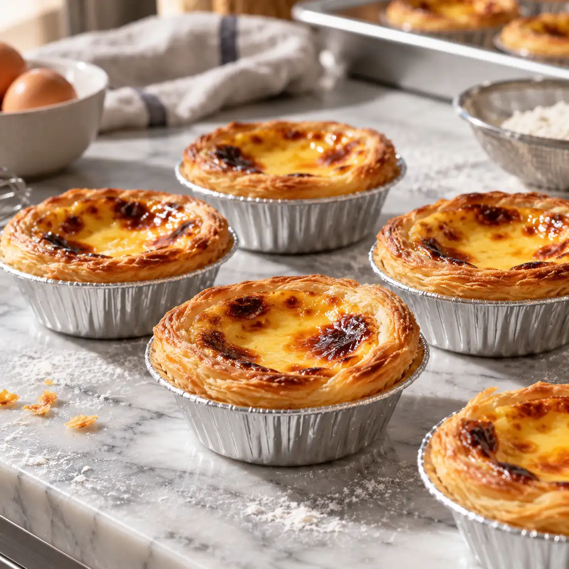 Portuguese egg tarts baked in fluted aluminum foil tart cups