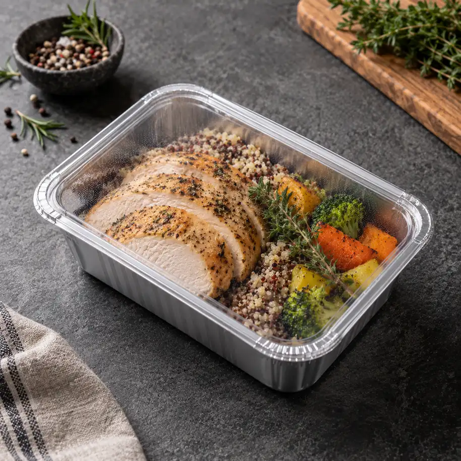Sealed smoothwall aluminum foil meal container for commercial food processing