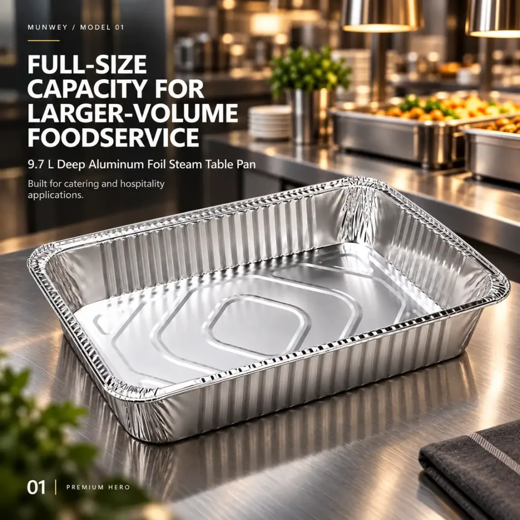 Full size deep aluminum foil steam table pan in a professional catering and foodservice setting.