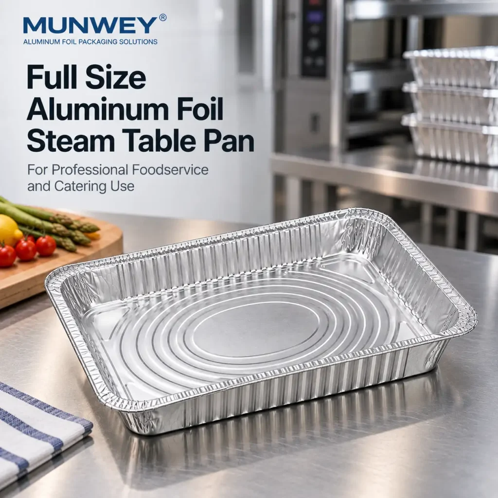 MUNWEY full size medium depth aluminum foil steam table pan in a commercial kitchen setting.