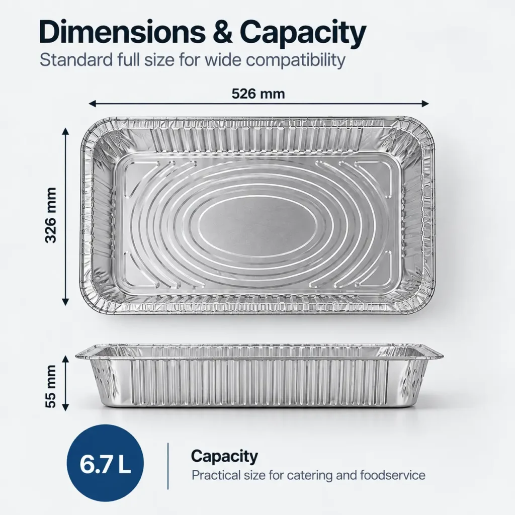 Dimensions and capacity of the full size medium depth aluminum foil steam table pan, 526 × 326 × 55 mm with 6.7 L capacity.