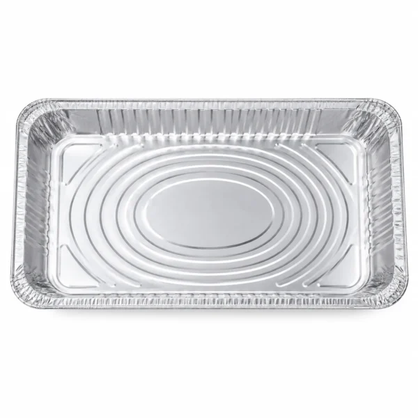 full-size-medium-depth-steam-table-pan-top-view.webp Top view of MUNWEY full size medium depth aluminum foil steam table pan showing the concentric oval embossed base.