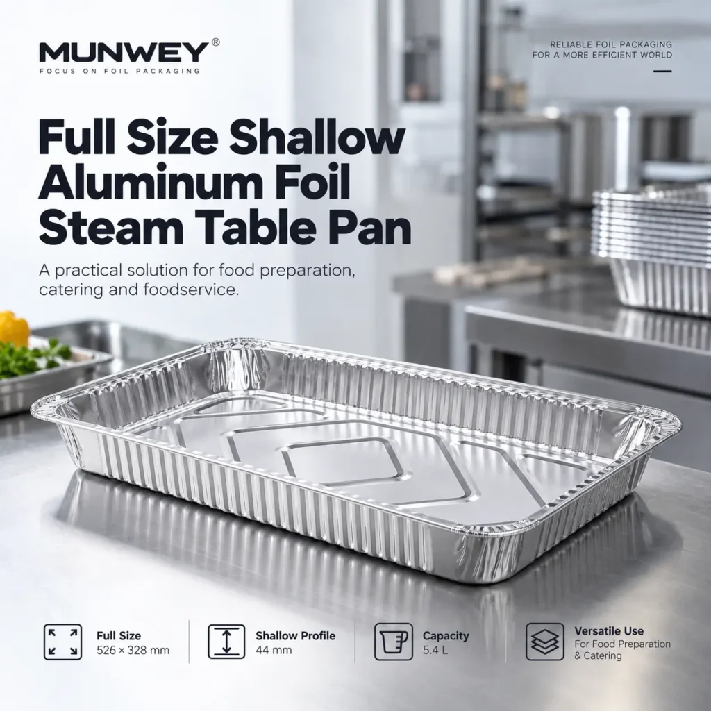 MUNWEY full size shallow aluminum foil steam table pan shown in a professional foodservice setting.
