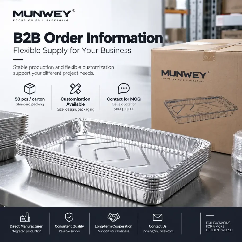 B2B ordering information for MUNWEY full size shallow steam table pan with 50 pcs per carton and customization available.