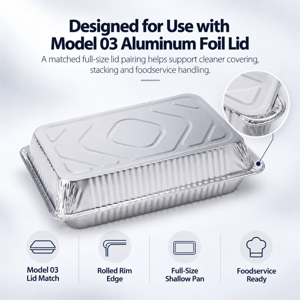 Illustration showing the full size shallow steam table pan designed for use with Model 03 aluminum foil lid.