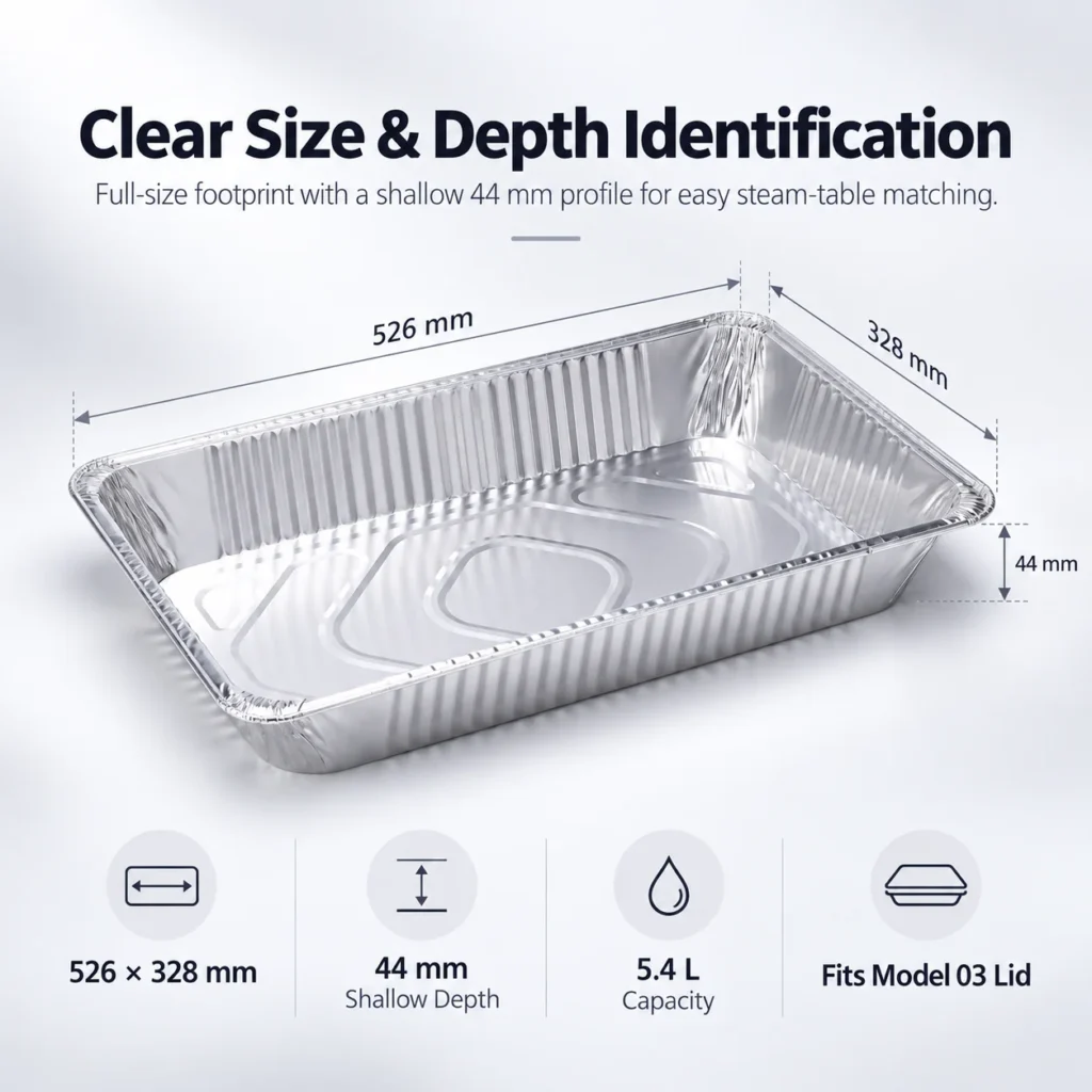 Size and capacity illustration for MUNWEY shallow steam table pan showing 526 × 328 mm dimensions, 44 mm depth and 5.4 L capacity.