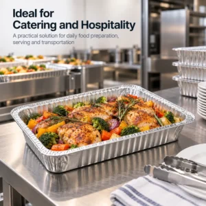 Full size medium depth aluminum foil steam table pan shown in a catering and hospitality foodservice setting.
