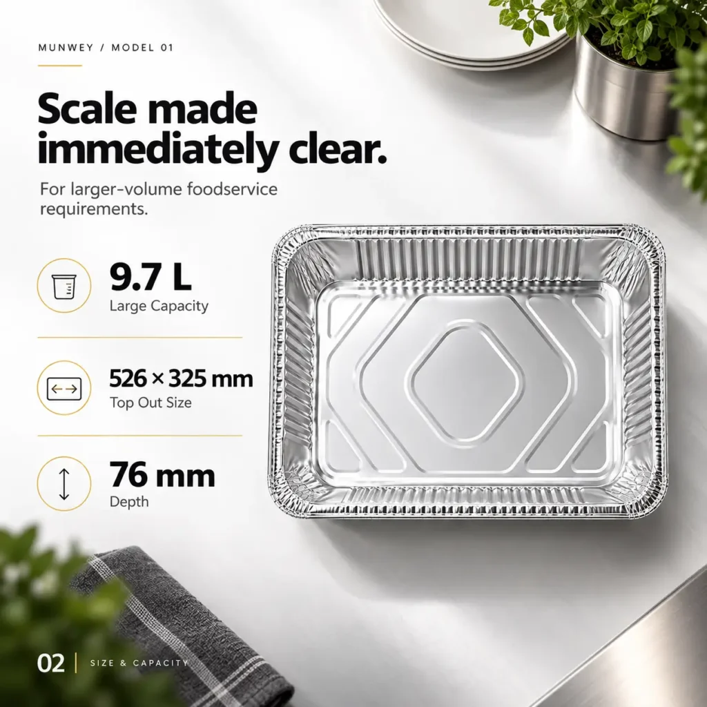 Full size aluminum foil steam table pan showing 9.7 L capacity, 526 × 325 mm top size and 76 mm depth.