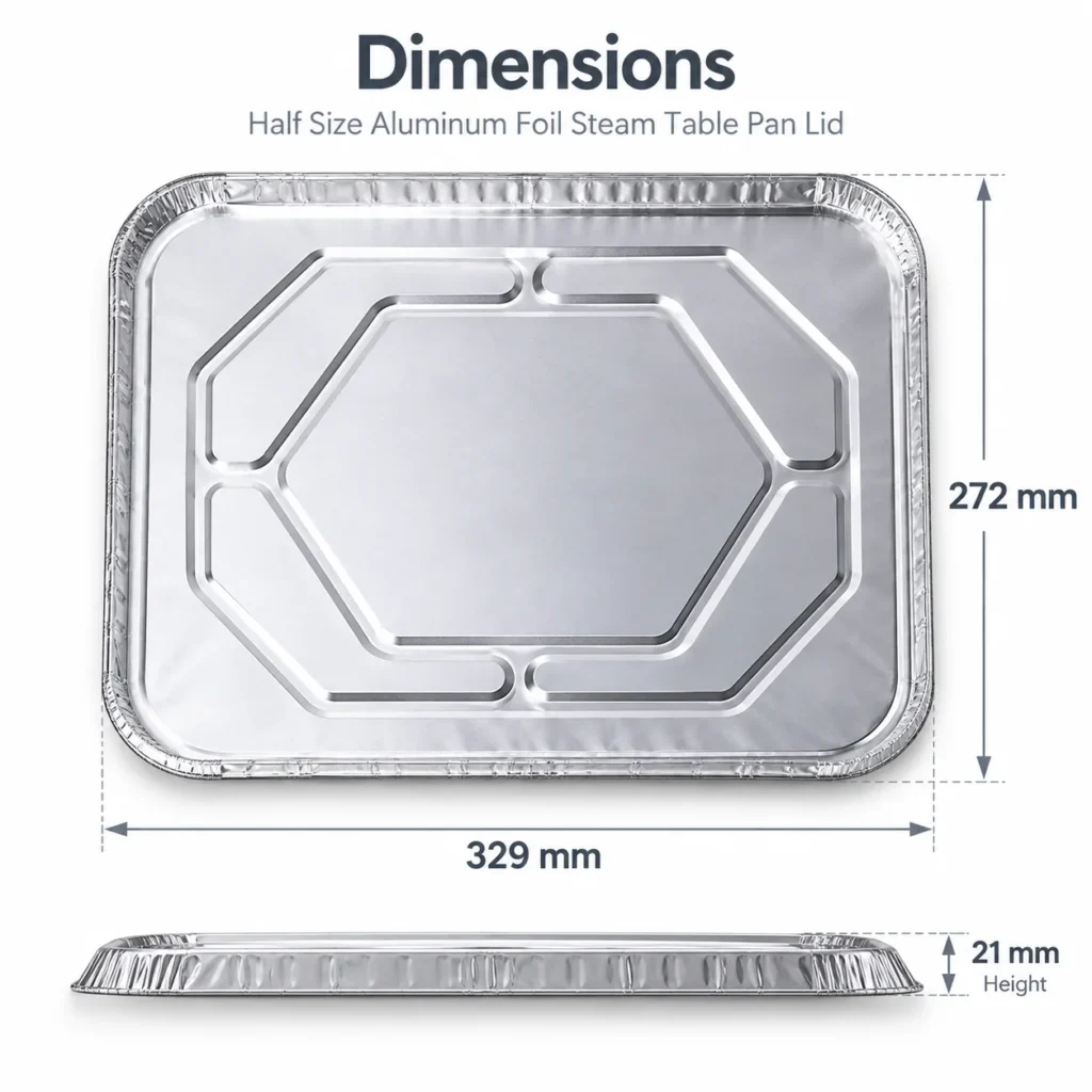 Dimensions of half size aluminum foil steam table pan lid 329 × 272 × 21 mm